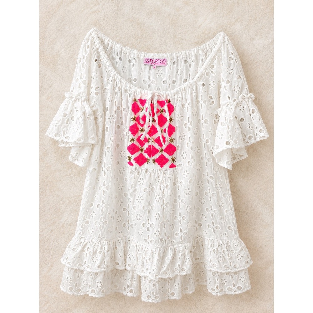Sundress Eyelet Top Womens Size S‎ White Neon Pink Sequin Beaded Boho Ruffle